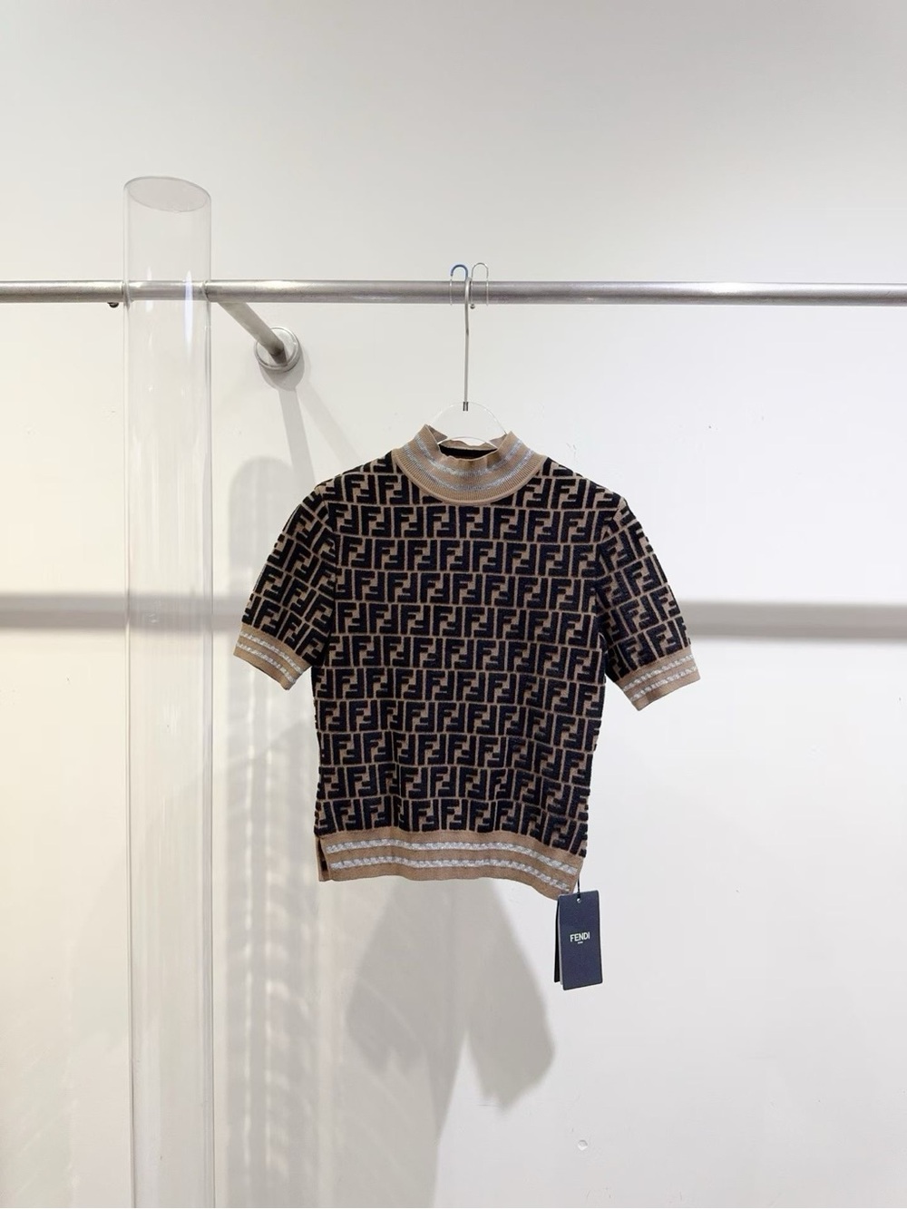 Fendi Brown and Black FF Logo Short Sleeve Knit Top